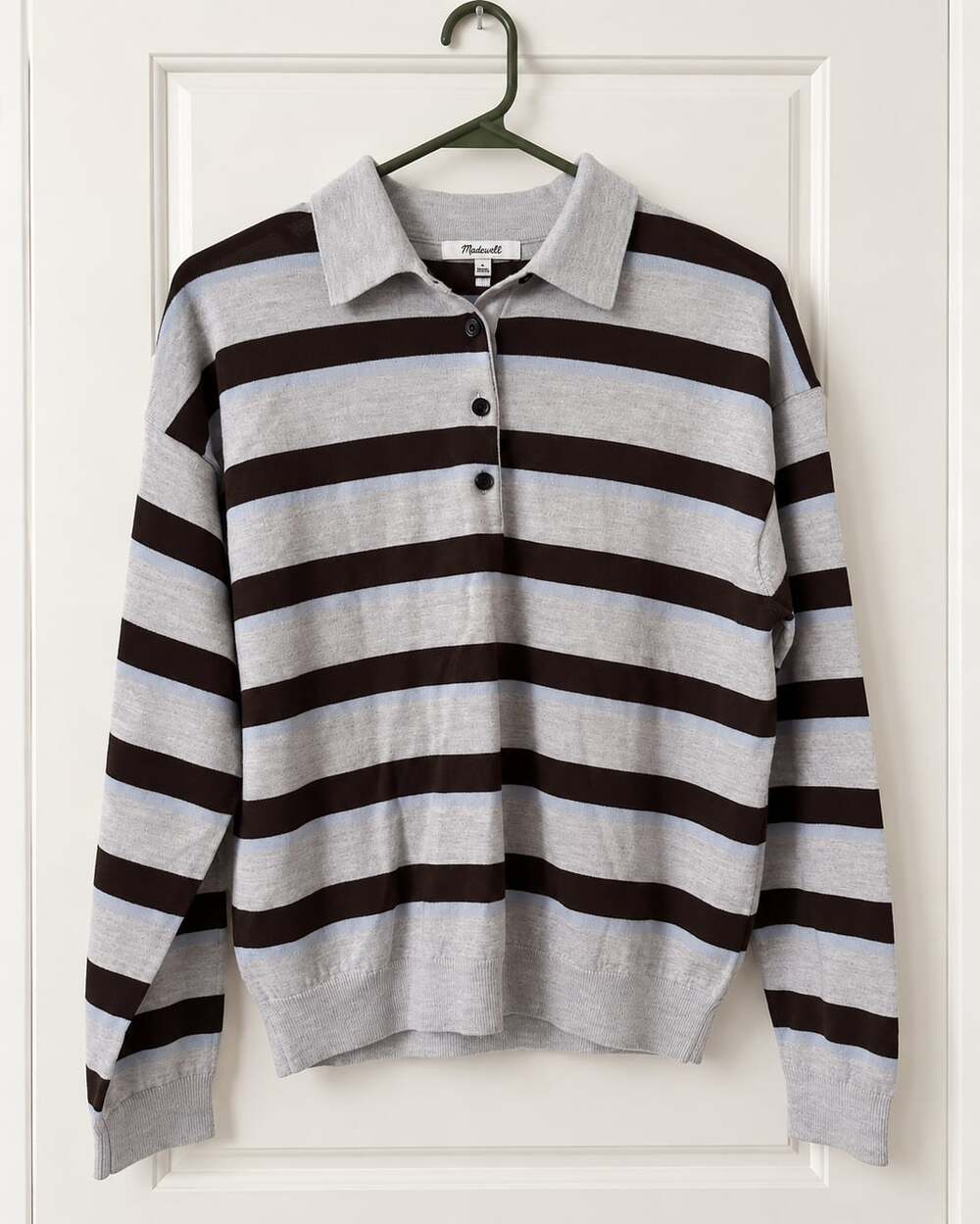 Madewell Striped Polo Sweater Size S Grey Blue Brown Knit